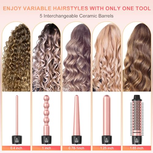 Sixriver 5-in-1 Rose Gold Curling Wand Set with Ceramic & Thermal Brush, 0.4-1.25 inch