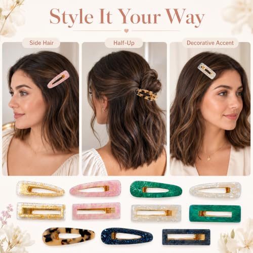 12-Piece Marble Hair Clip Set - Medium Acrylic Barrettes for Women
