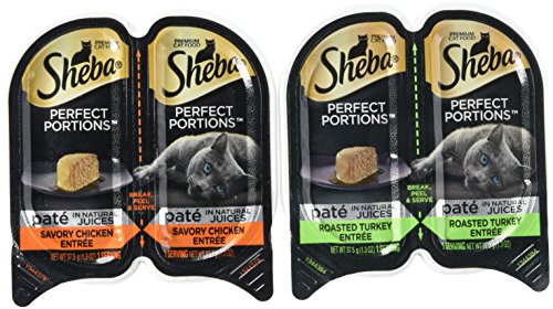 Sheba Perfect Portions Wet Cat Food, Savory Chicken Entrée and Roasted Turkey Entrée, (12) 2.6 Oz Twin-Pack Trays