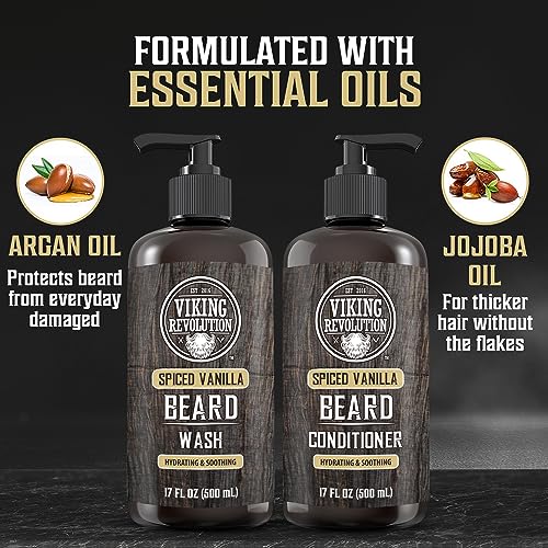 Viking Revolution Beard Wash and Beard Conditioner for Men with Argan Oil and Jojoba Oil - Beard Softener and Strengthener Beard Care Beard Shampoo and Conditioner with Beard Oil (17oz Spiced Vanilla)