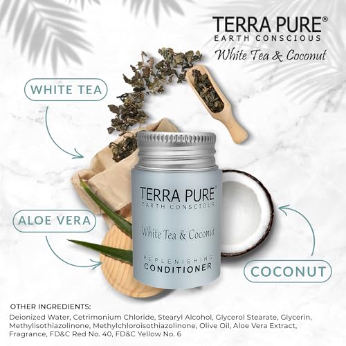 Travel Size Hotel Conditioner 100 Count 1oz Bottles Guest Amenities for Hotels Vacation Rentals & Short Term Rentals Paraben Free White Tea and Coconut Scent Infused with Aloe & Olive Oil | Terra Pure
