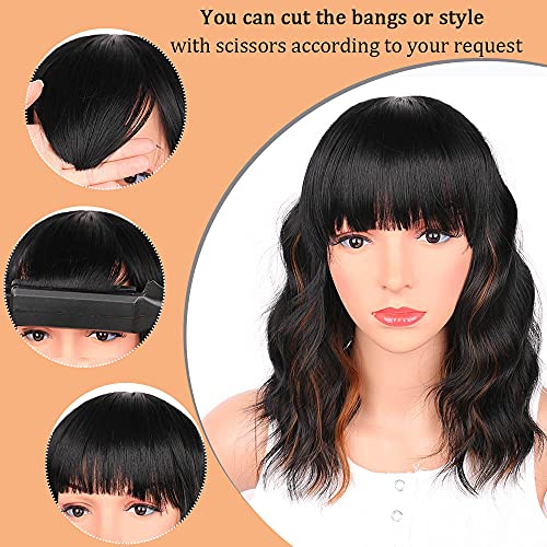 Ucubb Black Mixed Brown 14 Inch Short Wavy Curly Hair Wigs with Bangs - Shoulder Length Synthetic Heat Resistant Wigs for Black Women