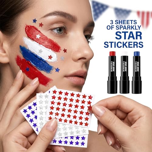 Patriotic Red White Blue Face Paint Stick Set with Glitter Stickers