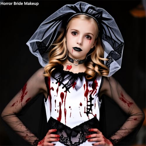 Go Ho Horror Bride Body Paint Makeup Set with Black Lipstick, Adjustable PU Leather Choker, Fake Blood Spray, 3PC Bloody Love Stickers - Halloween Costumes Gothic Bride Punk Accessories Kit