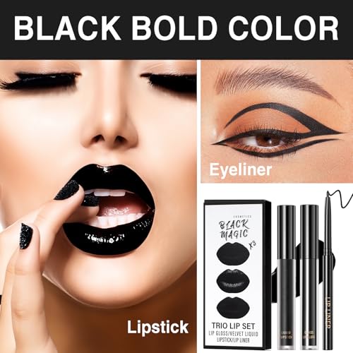 Black Matte Lipstick Lip Liner Gloss Set - Waterproof & Long-Lasting