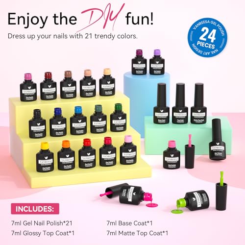 VANREESA 24 Pcs Gel Nail Polish Set - 21 Colors with Base & Top Coats