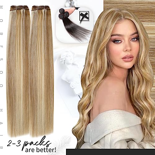 Moresoo Sew in Hair Extensions Real Human Hair Blonde Highlights Remy Weft Human Hair Extensions Medium Brown with Blonde Sew in Weft Hair Extensions Human Hair 18 Inch 100g