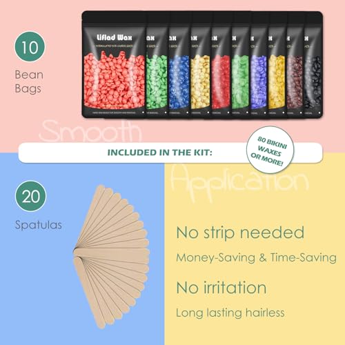 Hard Wax Beads for Coarse Hair Removal - 2.2 lb, 10 Pack Depilatory Wax Beans with Spatulas for Face, Eyebrow, Back, Chest, Bikini Areas, Legs - Refills for Any Wax Warmer