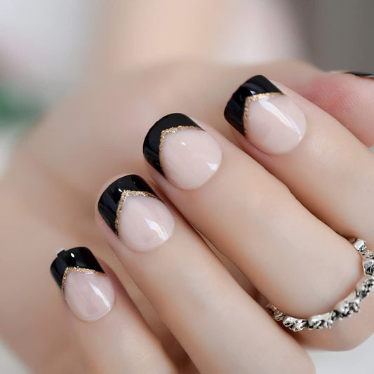 Short Square Nail Tips French Nails Black Top Golden Glitter Lines Uv Gel Full Cover Acrylic Nails Machine Made Classy Nail Tips Charm For Daily Wear Party Office Dating With Tabs