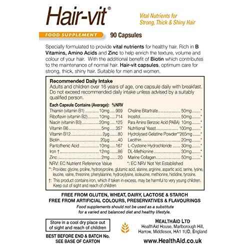 Hair VIT Hair Growth Supplement ? 90 Capsules, Once Daily Formula with B-Complex Vitamins, Biotin, Amino Acids & Nutrients for Healthy, Strong, Fuller-Looking Hair in Men & Women