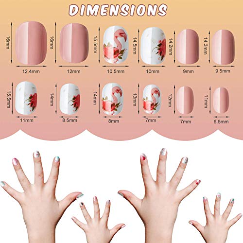 120 Pieces Kids Press on Nails Children Fake Nails Artificial Nails Girls Full Cover Short False Fingernails for Girls Kids Nail Design Decoration (Flamingo Themed)