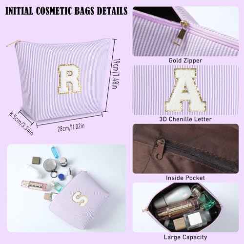 Personalized Gifts Initial Makeup Bag, Preppy Stuff Cosmetic Bags for Women Travel Toiletry Bag Cute Make Up Pouch Birthday Wedding Christmas Gift for Teen girls Friends (Purple, A)