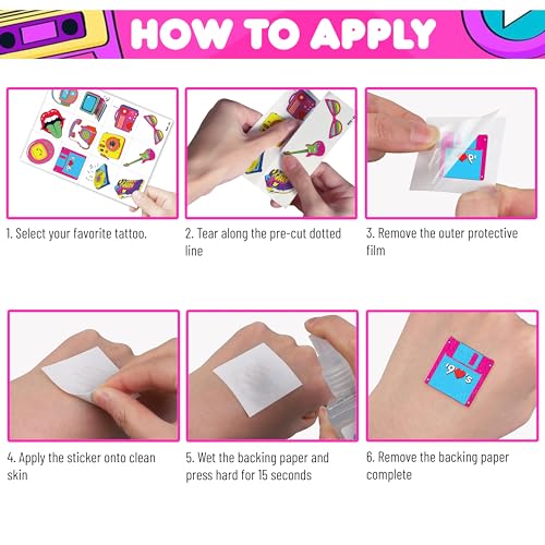 96 PCS Retro 80s & 90s Temporary Tattoos - Kids Party Favors