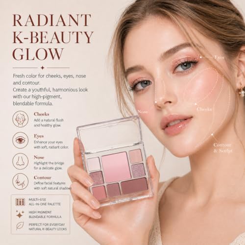 MOOMARTO All-in-One Makeup Palette with Eyeshadow, Blush & Contour - Soft Rosy