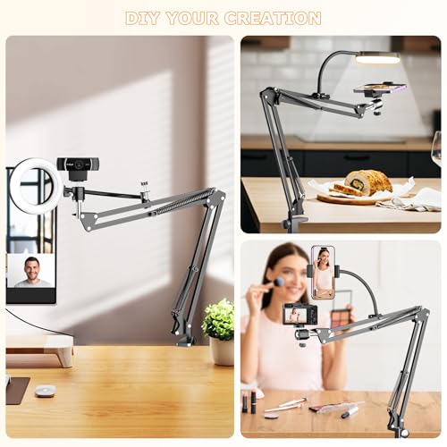 Pozliv Black Overhead Camera Mount with Ring Light & Flexible Phone Arm for Live Streaming & Recording
