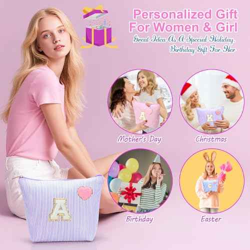 Initial Makeup Bag Personalized Preppy Cosmetic Bag Trendy Toiletry Travel Bag For Teen Girls Kids Women Letter Makeup Pouch Purse Holiday Gifts Birthday Christmas Gifts 2pack (A, Pink)