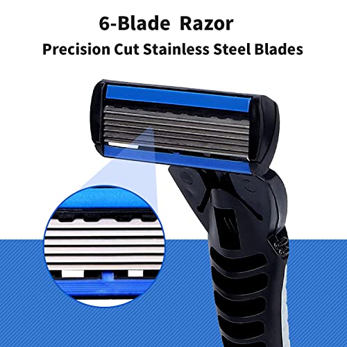 Men's 6-Blade Reusable Razor with 24 Cartridges & Anti-Slip Handle