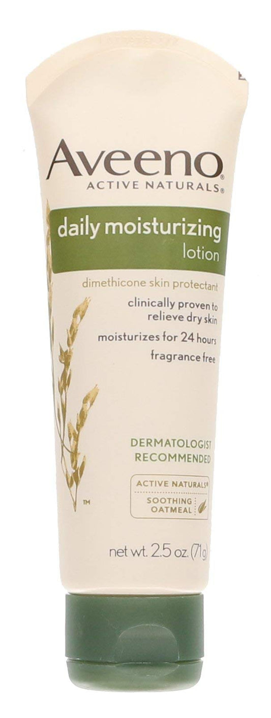 Aveeno Daily Moisturizing Body Lotion with Soothing Oat and Rich Emollients to Nourish Dry Skin, Fragrance-Free, 2.5 fl. oz