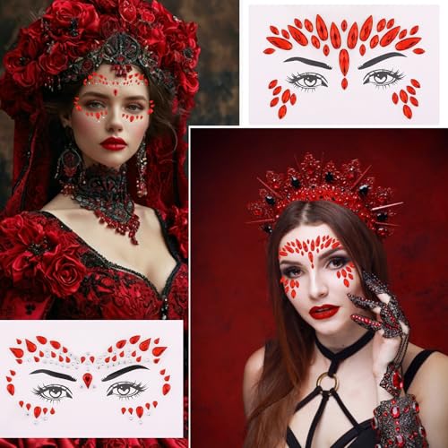 Halloween Red Face Gems Stickers - 4 Sheets Rhinestone Tattoos