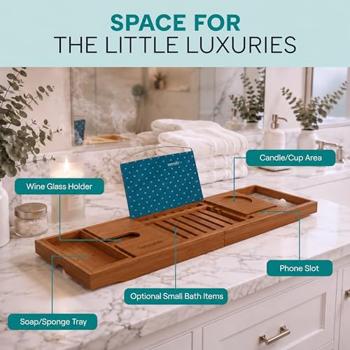 SereneLife Bamboo Bathtub Caddy Tray with Wine Holder