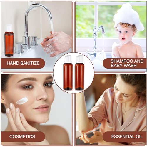 Mimorou 50 Pcs 4oz Plastic Squeeze Bottle with Disc Top Flip Cap Empty Amber Refillable Container Small Travel Toiletry Bottle for Lotion Shampoo Oil Body Soap Creams (Brown/White)
