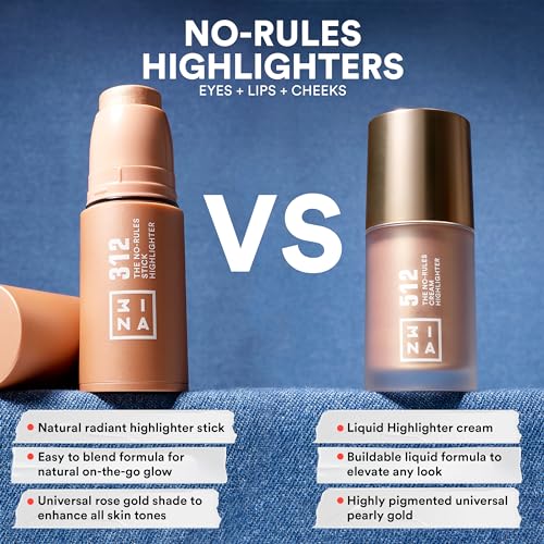 3INA MAKEUP - The No - Rules Stick Highlighter 312 - Rose Gold Tone Pen Highlighter - for Eyes Lips Cheeks - Highlighter Makeup Stick for Natural and Luminous Finish - Vegan - Cruelty Free
