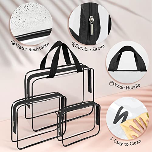 TISRATOK 10 PCS Clear Travel Makeup Toiletry Bag, Plastic PVC Cosmetic TSA Approved Organizer Kit with Zipper Handbag£¨Black£©