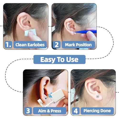 24 Pcs Ear Piercing Kit Ear Disposable Piercing Gun Kit Includes 6 Pcs Self Piercing Gun 12 Pcs Cubic Zirconia Earrings Stud Hoop Earrings 6 Cleaning Pads Easy to Use Ear Piercer Kit Tool