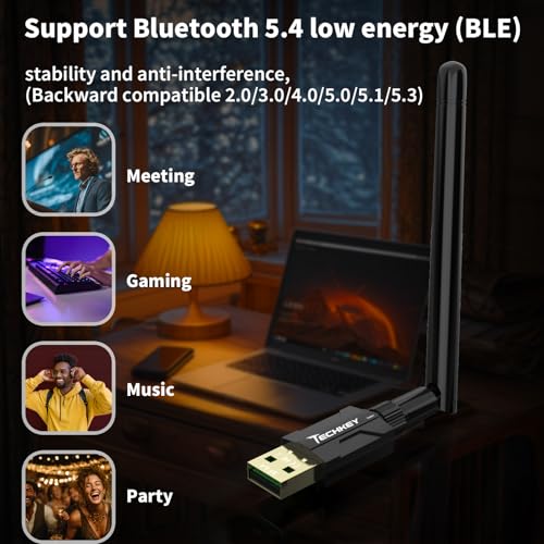 Techkey USB Bluetooth 5.4 Adapter - 500ft Long Range Dongle