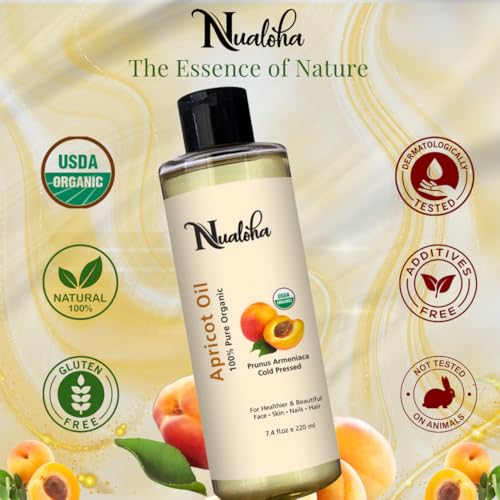 Organic Apricot Kernel Oil 220 ML, USDA Organic Pure Cold Pressed Apricot Carrier Oil For Face, Skin, Hair, Body
