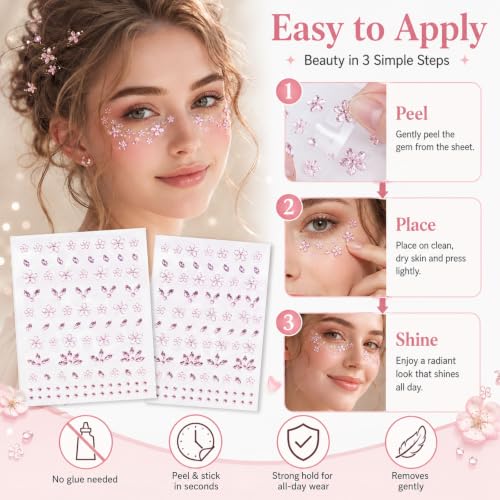 3D Pink Flower Face Gems Stickers - Self-Adhesive Rhinestone Jewels (2 Sheets)