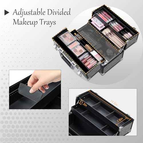 Stagiant 12.6 Inch Large Makeup Train Case, Professional 4 Trays Cosmetic Cases Makeup Storage Organizer Box Beauty Make Up Box with Lock&Adjustable Compartments for Nail, Accessories, Skincare, Black