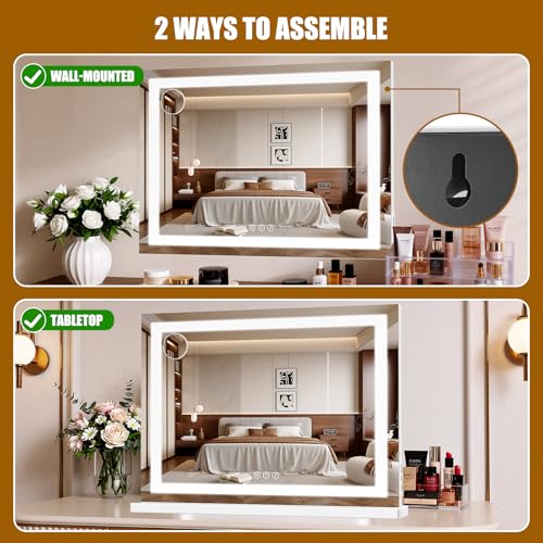 Vanity Mirror with Lights 28"x20", LED Makeup Mirror, 3 Color Lighting Modes, 10X Magnification, Smart Touch Control, Dimmable, Aluminum Metal Frame, Lighted Up for Vanity Desk (White)