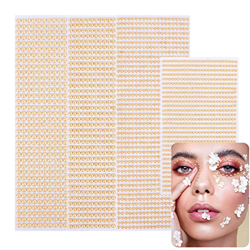 Face Pearl Gems Nail Rhinestone Stickers Makeup Diamonds Jewels for Eyes Hair Body Flat Pearls Temporary Tattoo Dots for Women 3D Self Adhesive Festival Bling Crystal 4 Sheets 2800 PCS (gold)
