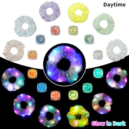 LED Light Up Hair Scrunchies & Glow-in-the-Dark Body Glitter Set for Parties