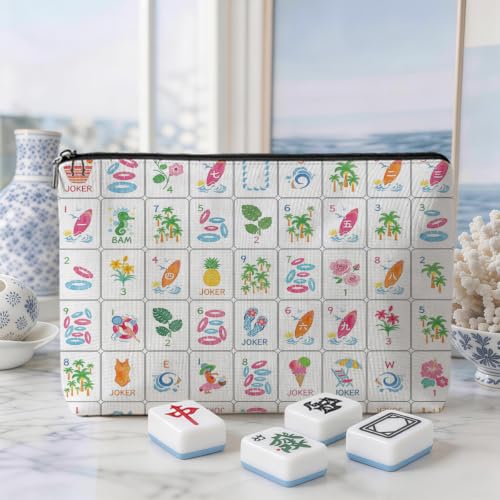 Blue Leaves Mahjong Tile Bag – Thick Canvas Organizer with Zipper
