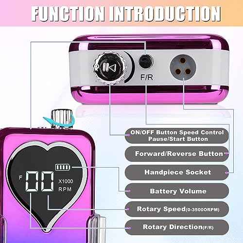 Professional Electric Nail Drill Machine for Acrylic Nails, 35000 RPM Electric Nail File Tool Set, Portable E-File Rechargeable Manicure Pedicure Polish Kit for Home Salon Tech (Heart Sunset Gold)