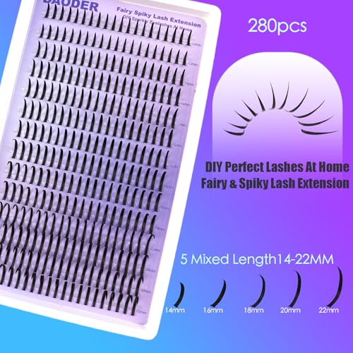 DAODER Spiky Lash Clusters Fairy Individual Lashes 14-22MM Manga Anime Cluster Eyelash Extensions Wet-Look Hybrid Lash Extensions D Curl Spikes Eyelash Clusters DIY At Home 280pcs