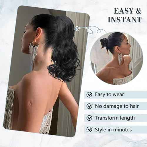 Drawstring Ponytail Extension 16 Inches Wavy Curly Ponytail Hair Extensions Synthetic Drawstring Pony Tails Hair Extensions for Daily Use(Mixed Brown)