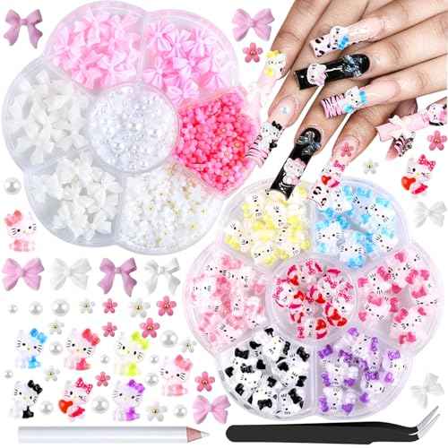 Kawaii Nail Charms,3D Nail Art Charms Bow Nail Charms Pearls Y2K Slime Charms for DIY Nail Art Decoration Supplies Flatback Resin Cute Cat Charms for Acrylic Nail Cartoon Kitty Nail Accessories & Tool