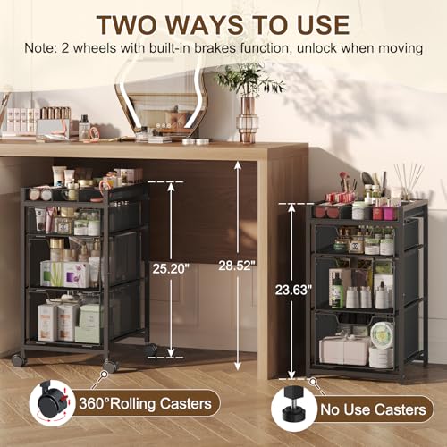 Rolling Makeup Cart Organizer 4-Tier 3 Drawers with Dividers, Black – JKsmart