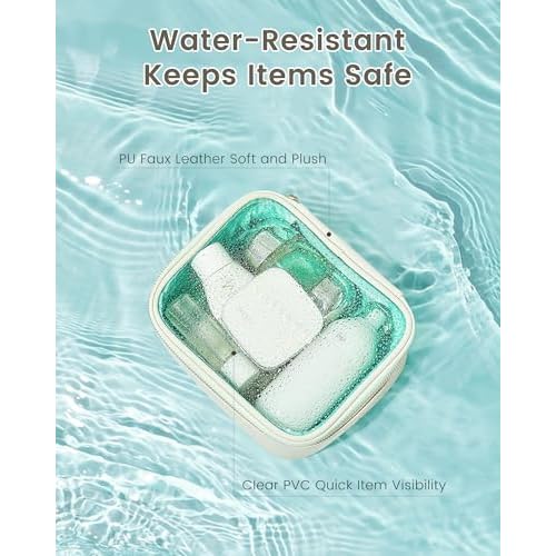 ROWNYEON 3-Piece Premium Cosmetic Organizer Set - Clear PVC & Faux Leather Storage Bags with Jewel-Tone Blue Lining, Waterproof Travel Toiletry Cases for Home/Carry-On (Jumbo/Medium/Mini)