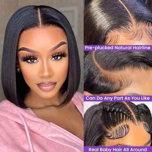 14 Inch Bob Wig Human Hair 13x6 Hd Transparent Lace Front Wigs Human Hair Pre Plucked Glueless Bob Wig 180% Density Short Straight Bob Wigs For Women
