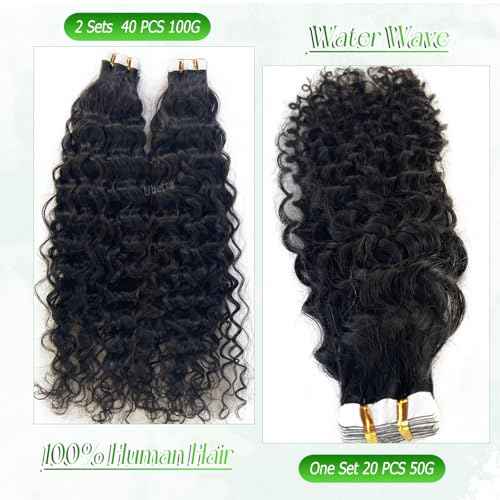 Water Wave Tape in Hair Extensions Human Hair, Natural Black Hair Extensions Real Remy Human Hair Tape ins for Black Women, 20 Inch 50g/pack 20pcs Double Sided Invisible Tape Hair Extension