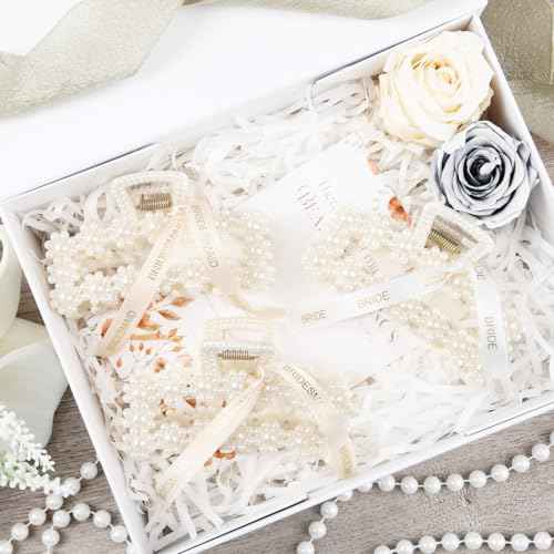 DEEKA Bridesmaid Gifts Set of 8 Bridesmaid Proposal Gift Pearl Bride Hair Clips with Ribbon Large Hair Clips Bachelorette Party Favors Bridal Party Present Gifts (Rectangle White&Champagne)