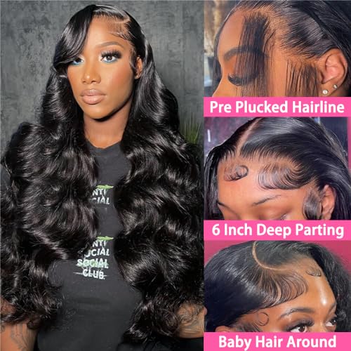 LHENDS 28 Inch 13x6 Body Wave Lace Front Wigs Human Hair Pre Plucked Glueless Wigs Human Hair 180% Density Body Wave 13x6 HD Transparent Frontal Wigs Human Hair Lace Front Wigs for Women