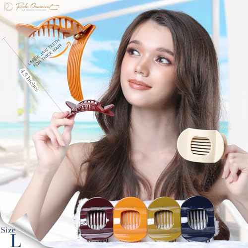 RC ROCHE 6 Pcs Flat Claw Hair Clips for Women Thick Hair French Round Duckbill Square Secure Strong Hold Grip Clamps Barrettes Curved No Slip No Crease Styling Cute Extra Jumbo XL, Large Classic