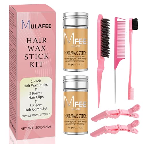 MULAFEE Hair Wax Stick Kit 7 Pcs, Wax Stick for Smooth Hair Wigs, Non-Greasy Styling Wax for Fly Away and Edge Frizz, Hair Slick Stick with Comb & Hair Clips Set