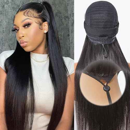 30 Inch Drawstring Straight Frontal Wig Hidden Strap Straight 13x6 Lace Frontal Wigs Human Hair Pre Plucked Pre Bleached Glueless Brazilian Wig Transparent Lace Wigs for Women