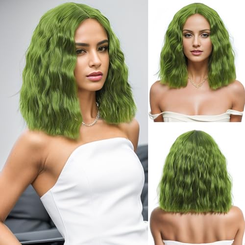 Bellamila 12" Chic Green Short Wavy Bob Curly Wigs for Women Synthetic Fashion Cosplay Wigs for Girl Colored Middle Part Costume Wigs